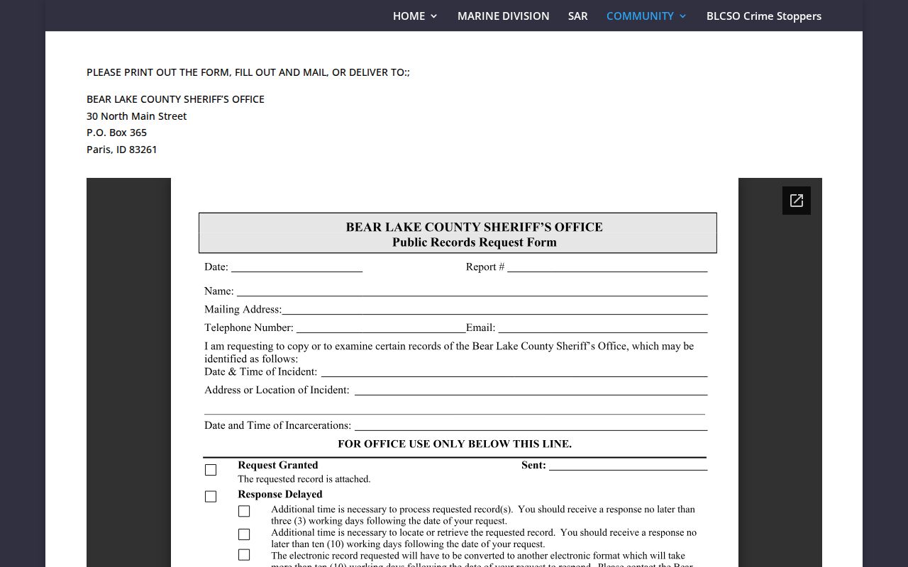 Bear Lake County released inmate record request page