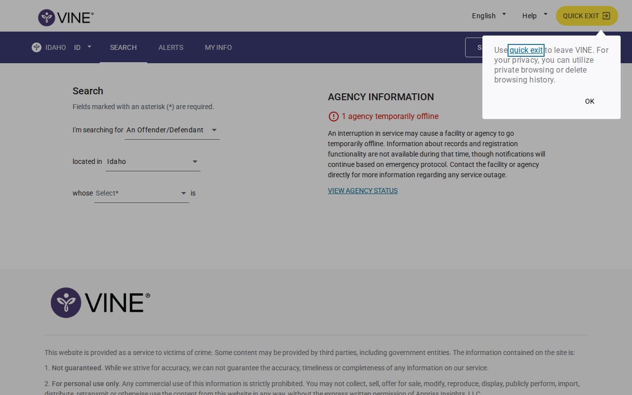 Bear Lake County VINELink inmate person search workflow