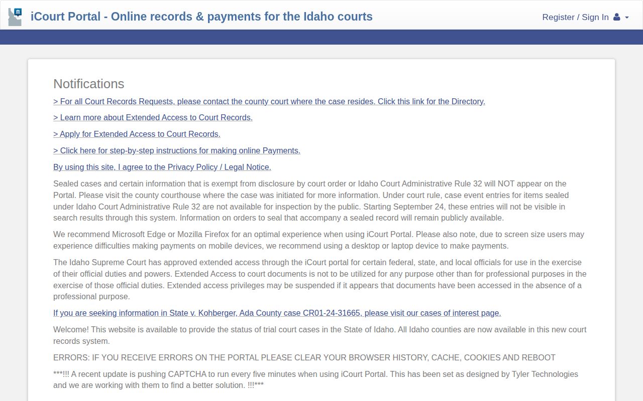 Idaho iCourt search for Bear Lake County release records