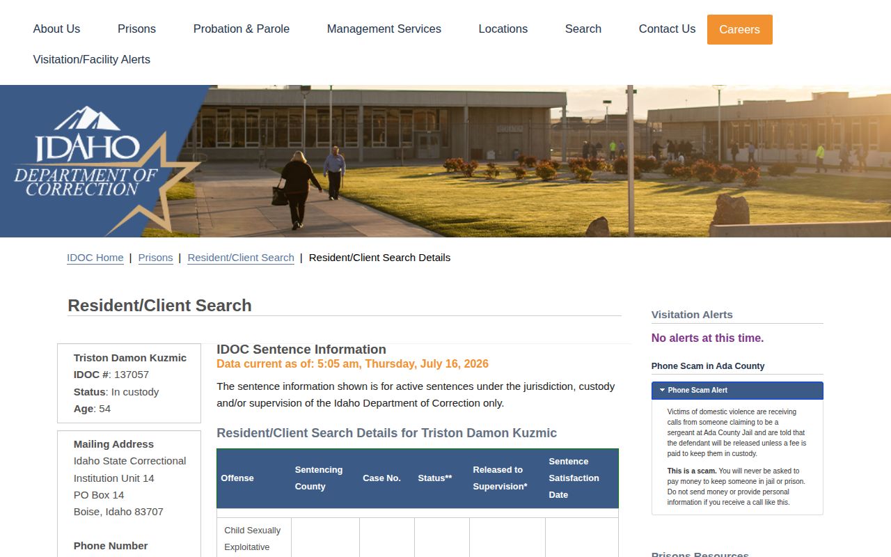 Bear Lake County projected release date label in IDOC record